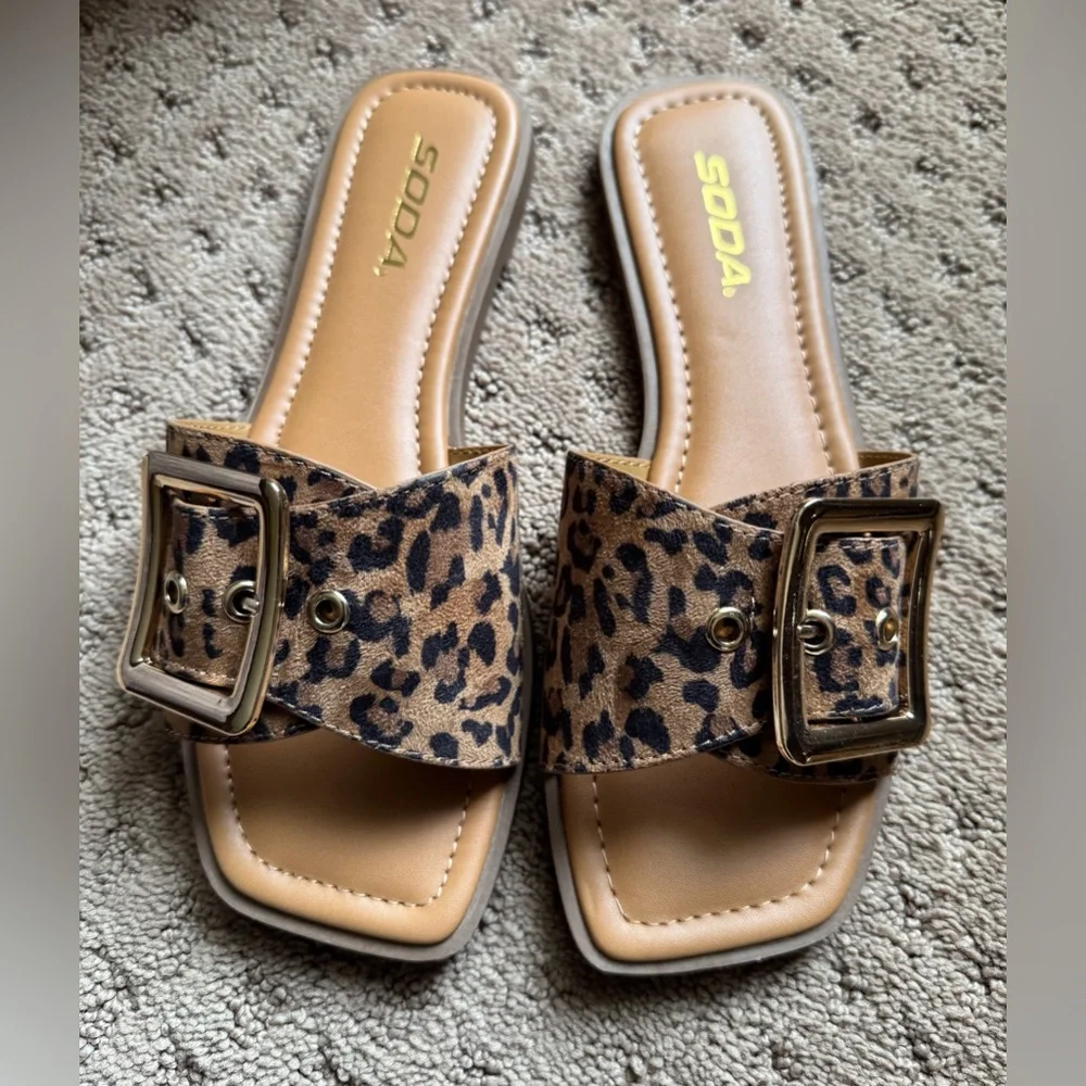 SODA Leopard Print Slide Sandals with Buckle - Tan/Black - Picture 1 of 3